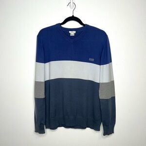 Hugo Boss Colorblock V-Neck Sweater Long Sleeves Cotton Blue Boy’s Size 16-M